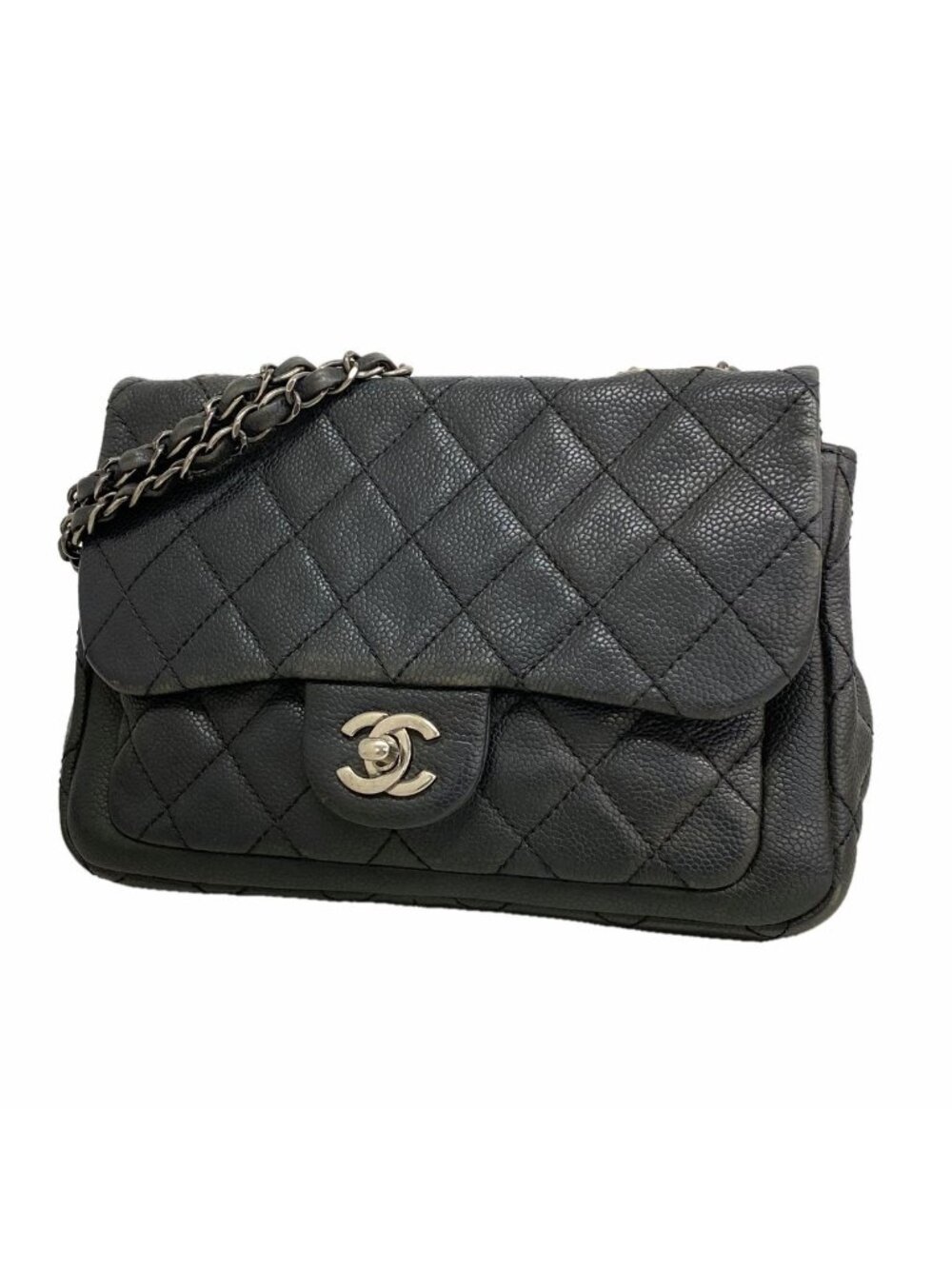 Chanel Shoulder Bag Quilted Caviar Leather Black Silver